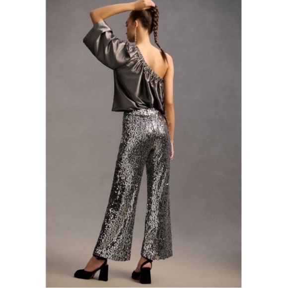 Anthropologie Maeve Colette Silver Sequin Wide-leg Pants NWT - Picture 3 of 7